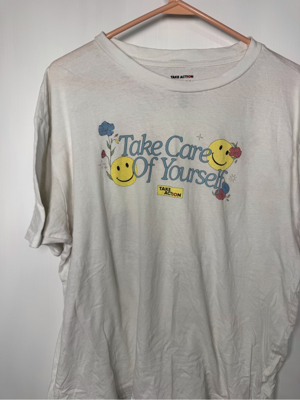 Aeropostale White Tee with Blue Script and Yellow Smiley Faces